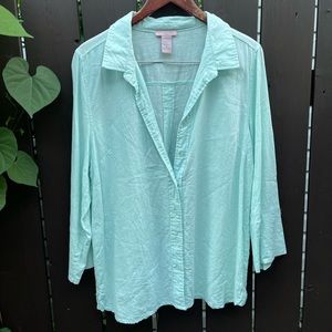 💵📉 Saint Tropez West Oversized Women’s L Linen blend Long Sleeve Aqua Blue